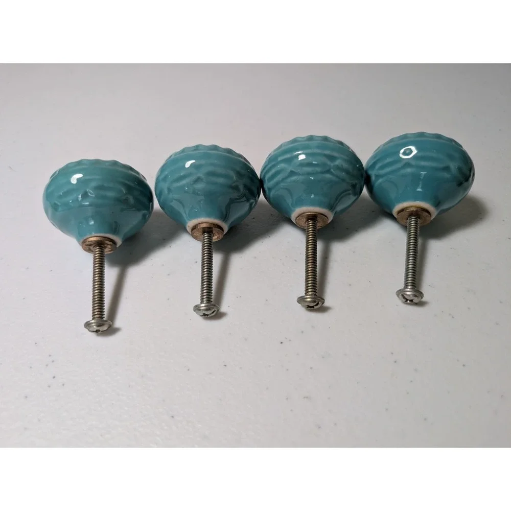 World Market Set of 4 Turquoise Teal Ceramic Drawer Knobs Fluted Cabinet Pulls